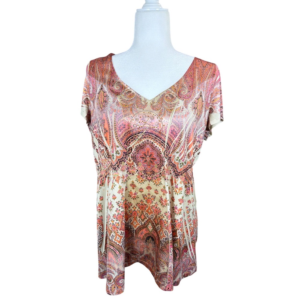 One World Womens Pink Paisley V-Neck Rhinestone Accent Short Sleeve Top Large